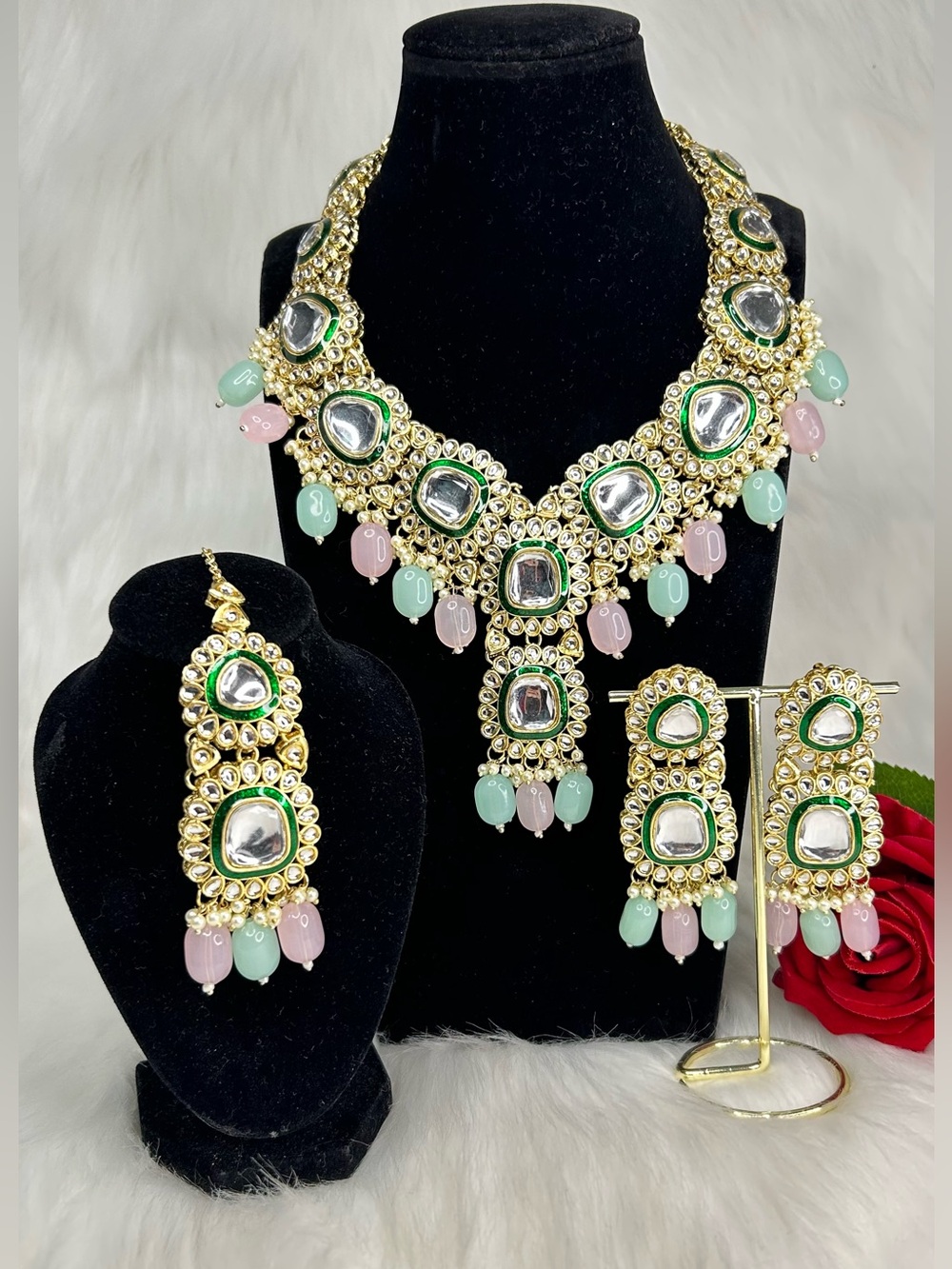 Gold Kundan Necklace Set with Mint Green and Blush Pink Drops
